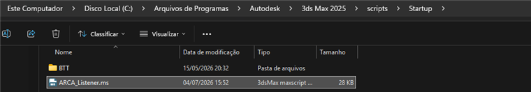 Pasta startup do 3ds Max com o ARCA_Listener.ms copiado